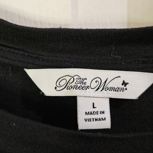 Pioneer Woman Blouse Sz L Boho Cottagecore Festival Floral Sleeve Black Top - Picture 6 of 9